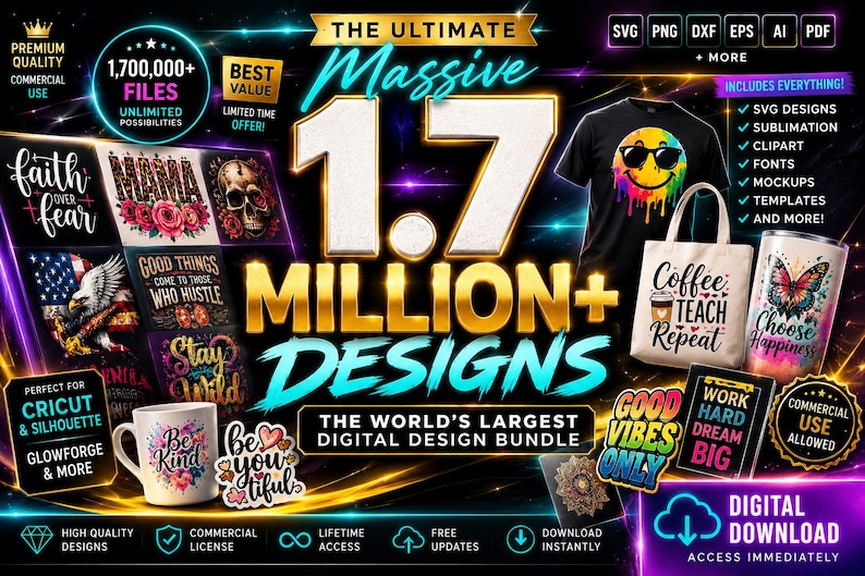 May include: Digital design bundle with 1.7 million+ designs. Includes SVG designs, sublimation, clipart, fonts, mockups, and templates. Features a black t-shirt with a smiley face, a tote bag, and a tumbler with a butterfly.