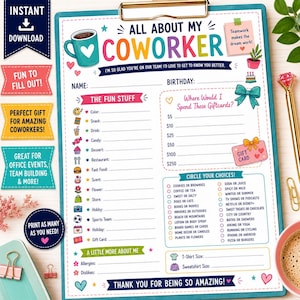 Puede incluir: Un cuestionario imprimible titulado All About My Coworker en un portapapeles. El documento incluye secciones para detalles personales, preferencias, tarjetas de regalo y una lista para marcar opciones con iconos y texto coloridos.