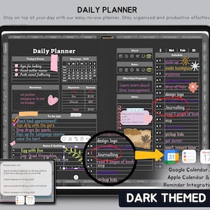 Könnte beinhalten: Ein digitaler Tagesplaner im dunklen Design auf einem Tablet-Bildschirm mit Bereichen für Fokus, Zeitplan, Aufgabenlisten und Notizen. Die Benutzeroberfläche enthält einen Monatskalender, eine Finanzübersicht sowie Symbole für Google- und Apple-Kalender-Integrationen.