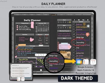 Peut inclure: Un planificateur quotidien numérique au thème sombre affiché sur un écran de tablette, comprenant des sections pour la concentration, l'emploi du temps, les listes de tâches et les notes. L'interface inclut un calendrier mensuel et des icônes d'intégration.