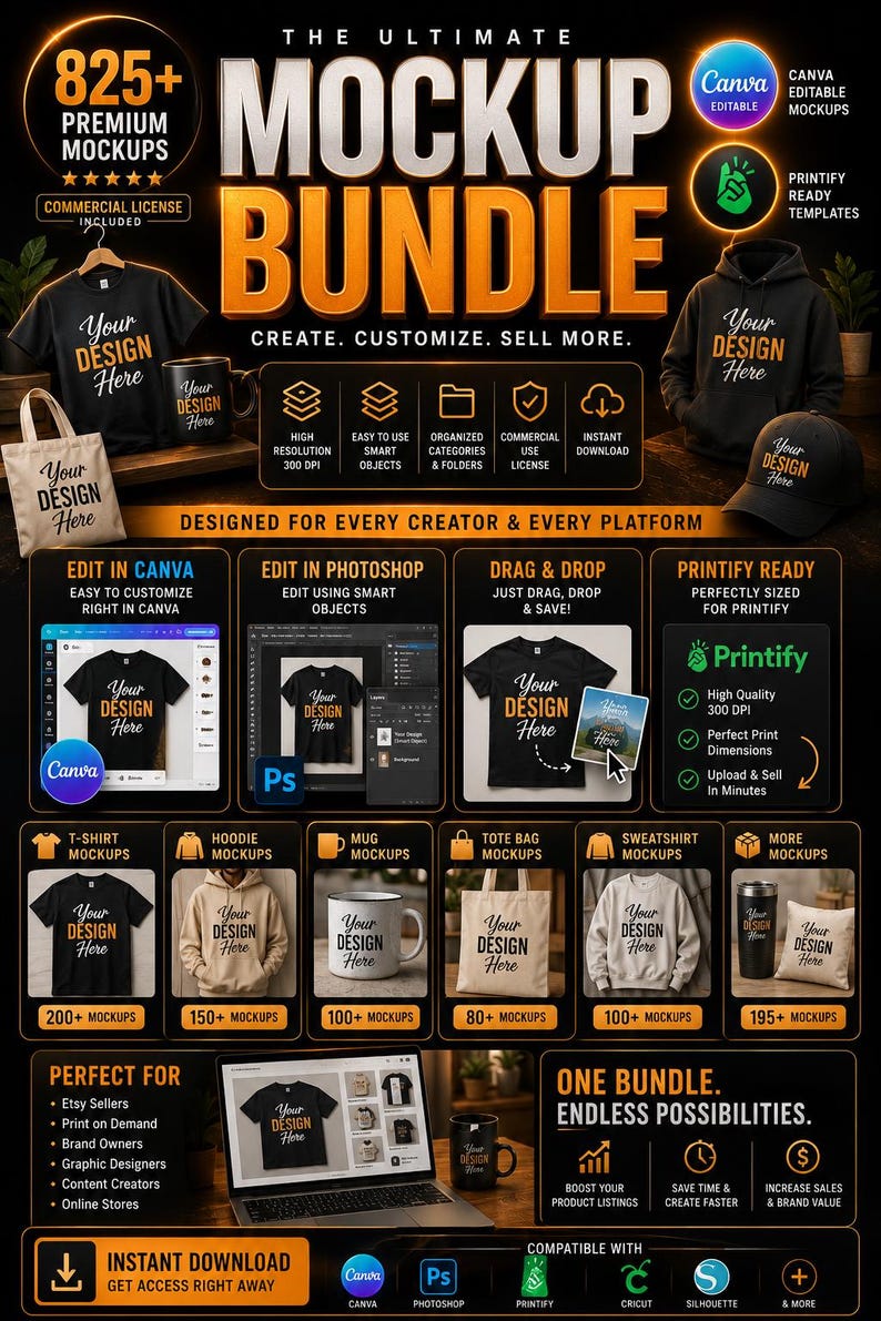 Ultimate Mockup Bundle Canva Printify Ready, T Shirt Mug Tote Bag Sweatshirt Mockups, PNG JPG Mockup Pack, Commercial License image 3