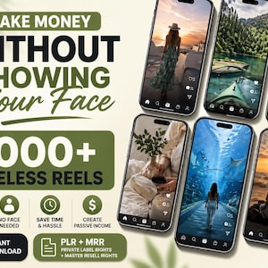May include: An advertisement promoting faceless reels with the text "Make Money Without Showing Your Face" and "5000+ Faceless Reels." The image features several smartphones displaying various scenic images, along with icons and text promoting trending niches and passive income.
