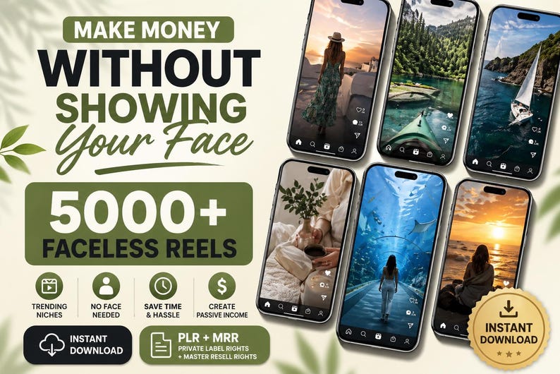May include: An advertisement promoting faceless reels with the text "Make Money Without Showing Your Face" and "5000+ Faceless Reels." The image features several smartphones displaying various scenic images, along with icons and text promoting trending niches and passive income.
