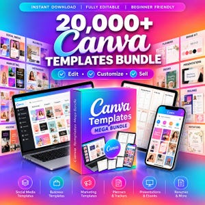 May include: A digital product bundle featuring 20,000+ Canva templates. The box displays the text 'Canva Templates MEGA BUNDLE' with images of a laptop and smartphone showing design interfaces. The background includes various template categories.