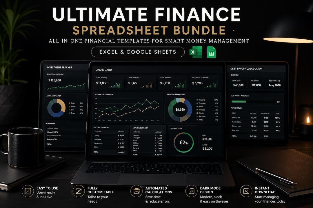 Dark Theme Finance Bundle for Excel & Google Sheets | Budget Planner ...