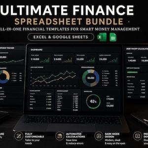 May include: A laptop and two tablets display financial dashboards with charts and graphs. The text "ULTIMATE FINANCE SPREADSHEET BUNDLE" is at the top. The image also includes a coffee mug, a notebook, and a pen. The dashboards show financial data.