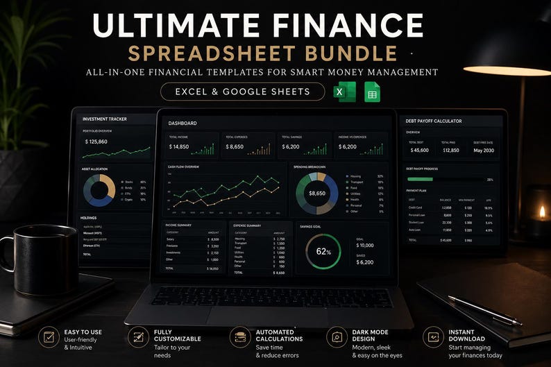 Peut inclure: Un ordinateur portable et deux tablettes affichent des tableaux de bord financiers avec des graphiques. Le texte "ULTIMATE FINANCE SPREADSHEET BUNDLE" est en haut. L'image comprend &eacute;galement une tasse &agrave; caf&eacute;, un carnet et un stylo. Les tableaux de bord montrent des donn&eacute;es financi&egrave;res.