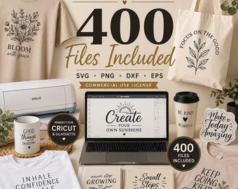 May include: A collection of design files, including SVG, PNG, DXF, and EPS formats, with a commercial use license. The image features a Cricut machine, t-shirts, a tote bag, a coffee cup, and a laptop displaying the text "Create Your Own Sunshine."