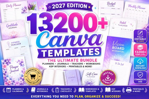 13200+ Canva Templates Bundle, KDP Interior Bundle, Editable Planner Templates, Journal Templates, Printable Pages, Canva PLR, KDP 2027