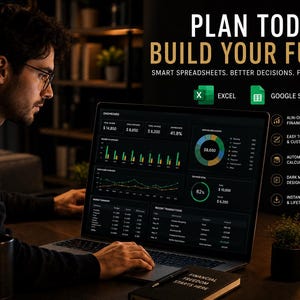 Peut inclure: Un ordinateur portable affiche des donn&eacute;es financi&egrave;res avec des graphiques. L'&eacute;cran affiche le texte "PLAN TODAY BUILD YOUR FUTURE". Une tasse avec "FOCUS PLAN GROW" est sur le bureau. L'image promeut la planification financi&egrave;re.