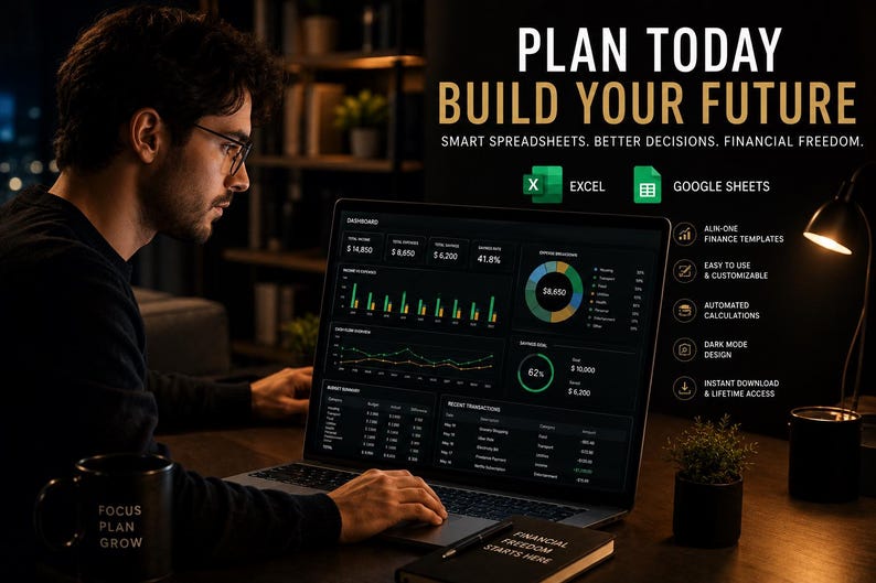 Peut inclure: Un ordinateur portable affiche des donn&eacute;es financi&egrave;res avec des graphiques. L'&eacute;cran affiche le texte "PLAN TODAY BUILD YOUR FUTURE". Une tasse avec "FOCUS PLAN GROW" est sur le bureau. L'image promeut la planification financi&egrave;re.
