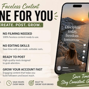 May include: A promotional graphic with the text "Faceless Content DONE FOR YOU" and a smartphone displaying a scenic photo with text. The graphic promotes ready-to-post content, no filming or editing skills needed, and account growth. Includes a plant in a white pot.