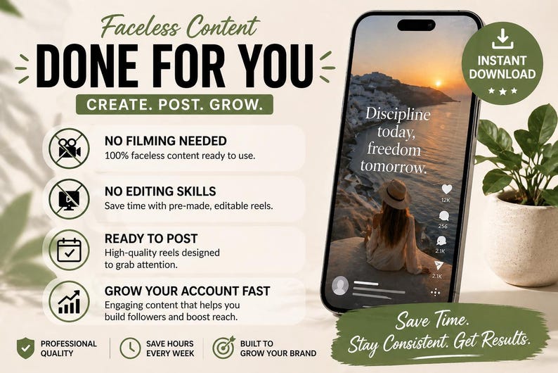 May include: A promotional graphic with the text "Faceless Content DONE FOR YOU" and a smartphone displaying a scenic photo with text. The graphic promotes ready-to-post content, no filming or editing skills needed, and account growth. Includes a plant in a white pot.