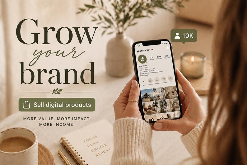 May include: An iPhone displays a social media profile with a nature-themed logo. The image includes the text "Grow your brand" and "Sell digital products." A cup of coffee, a notebook, and a lit candle are also visible.