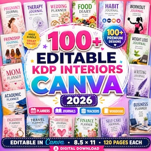 May include: A digital collection of 100+ editable KDP interior templates for planners, journals, trackers, and workbooks, designed for Canva. The set includes various themes like pregnancy, therapy, wedding, food, habit, workout, and business planners.
