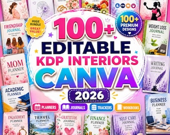 100+ bewerkbare KDP-interieursjablonen 2026, Canva Planner Journal Workbook-bundel, KDP-interieursjablonen, 8,5 x 11, 120 pagina's pdf