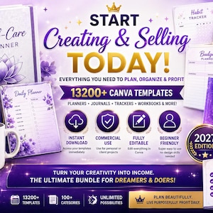 Op de afbeelding: Een digitaal pakket met 13200+ Canva-sjablonen, waaronder een zelfzorgplanner, dagboek, dagplanner, vision board werkboek, gewoonte-tracker en budgetplanner. De paarse set bevat een mok met tekst en een 2027-editie badge.