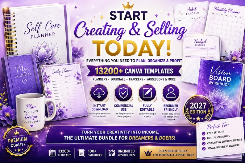 Op de afbeelding: Een digitaal pakket met 13200+ Canva-sjablonen, waaronder een zelfzorgplanner, dagboek, dagplanner, vision board werkboek, gewoonte-tracker en budgetplanner. De paarse set bevat een mok met tekst en een 2027-editie badge.