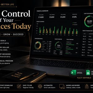 Peut inclure: Un ordinateur portable affiche un tableau de bord financier avec des graphiques et des donn&eacute;es. L'image comprend un bloc-notes, un stylo et une tasse avec les mots "Discipline, Focus, Freedom". Le texte dit "Prenez le contr&ocirc;le de vos finances aujourd'hui."