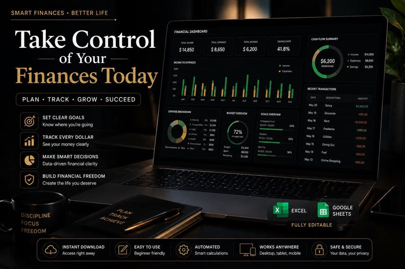 Peut inclure: Un ordinateur portable affiche un tableau de bord financier avec des graphiques et des donn&eacute;es. L'image comprend un bloc-notes, un stylo et une tasse avec les mots "Discipline, Focus, Freedom". Le texte dit "Prenez le contr&ocirc;le de vos finances aujourd'hui."
