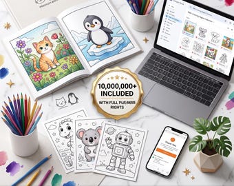 May include: A digital bundle of 10,000,000+ kids coloring pages featuring a printed book with a cat and penguin, loose coloring sheets of a dinosaur, koala, and robot, a laptop displaying a Google Drive folder, a smartphone, and colored pencils.