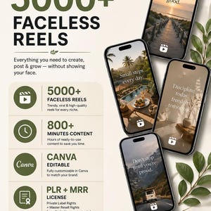May include: Promotional graphic with the text "5000+ Faceless Reels" and "Instant Download" on a white background. The image includes mockups of smartphones displaying inspirational quotes and scenic photos. The graphic promotes content creation.