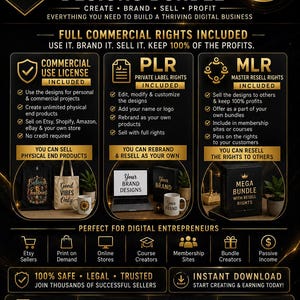 May include: A promotional graphic with gold text on a black background, advertising a digital design bundle. The image highlights commercial use licenses, PLR, and MLR options, with icons for Etsy sellers, print-on-demand, and online stores. The text includes "1.7 MILLION+ DESIGNS BUNDLE".
