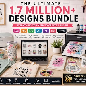 May include: An image showcasing a design bundle with the text "The Ultimate 1.7 Million+ Designs Bundle." It includes a Cricut machine, Epson printer, laptop, mugs, t-shirts, tumblers, tote bags, stickers, and wall art. The image also features the text "Create, Sell, Profit."
