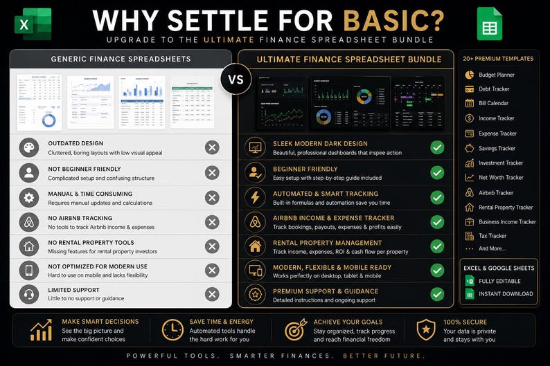 Peut inclure: Graphique noir et or comparant les feuilles de calcul financi&egrave;res g&eacute;n&eacute;riques &agrave; un ensemble de feuilles de calcul financi&egrave;res ultime. L'ensemble comprend plus de 20 mod&egrave;les premium, est enti&egrave;rement modifiable et t&eacute;l&eacute;chargeable instantan&eacute;ment.
