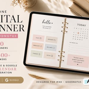 Op de afbeelding: Een digitale planner voor GoodNotes op een iPad, met een kalender, tabbladen en stickers. De planner bevat de tekst "hello" en "ALL IN ONE". Ontworpen voor Apple- en Google-kalenderintegratie.