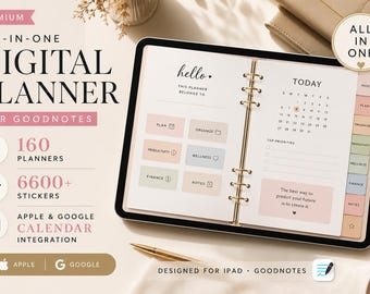 Peut inclure: Un planificateur numérique pour GoodNotes sur iPad, avec un calendrier, des onglets et des autocollants. Le planificateur comprend le texte "hello" et "ALL IN ONE". Conçu pour l'intégration des calendriers Apple et Google.