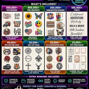 May include: Digital design bundle with over 1.7 million designs, including SVG, PNG, EPS, DXF, AI, and PDF formats. Includes graphics, fonts, sublimation designs, and printables. Perfect for Cricut, Silhouette, laser cutting, and more.