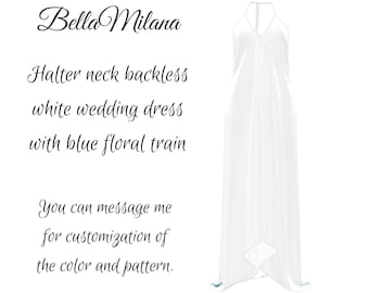 Custom Halter Wedding Dress with Train, Backless Casual Summer Floral Wedding Dress, Silk Satin Bridal Gown, Engagement Dress, Evening Gown