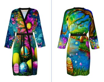 Retro Peugnoir, Fantasycore Wearable Art Kimono, Colorful Naturecore Long Robe, Floral Spring Summer Silk Bathrobe, Casual Loungewear Gift
