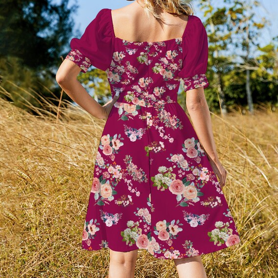 berry party dress Cottagecore Berry Pink Bardot Dress Puff Sleeve, Vintage Summer Dress, Sweetheart Neckline Rose Floral Knee Length Party Dress Boho Sundress