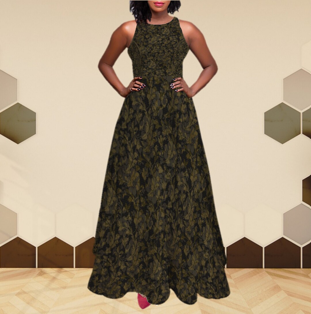 black and olive green dress Black and Olive Green Evening Gown, Elegant Floor Length Ball Gown, Gold Floral Leaf Botanical Print, Maxi Formal Party Dress with Pockets