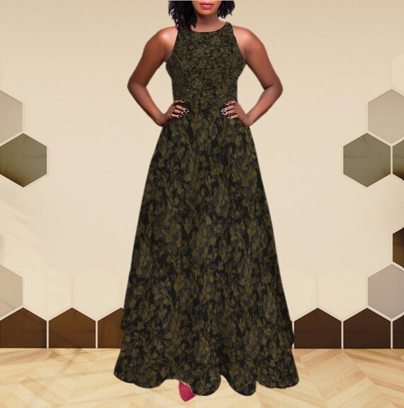 Black and Olive Green Evening Gown, Elegant Floor Length Ball Gown, Gold Floral Leaf Botanical Print, Maxi Formal Party Dress with Pockets Black and Olive Green Evening Gown, Elegant Floor Length Ball Gown, Gold Floral Leaf Botanical Print, Maxi Formal Party Dress with Pockets