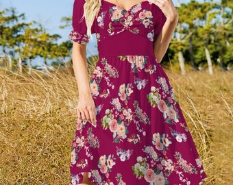 Cottagecore Berry Pink Bardot Dress Puff Sleeve, Vintage Summer Dress, Sweetheart Neckline Rose Floral Knee Length Party Dress Boho Sundress