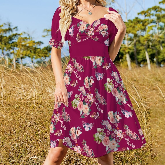 Cottagecore Berry Pink Bardot Dress Puff Sleeve, Vintage Summer Dress, Sweetheart Neckline Rose Floral Knee Length Party Dress Boho Sundress Cottagecore Berry Pink Bardot Dress Puff Sleeve, Vintage Summer Dress, Sweetheart Neckline Rose Floral Knee Length Party Dress Boho Sundress