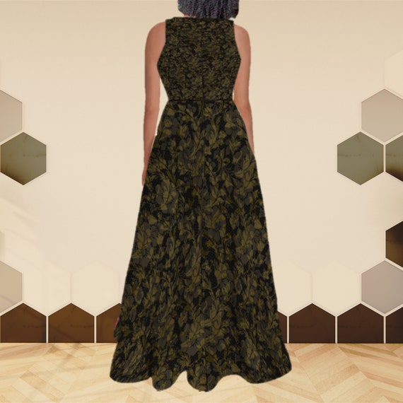 olive green and black dress Black and Olive Green Evening Gown, Elegant Floor Length Ball Gown, Gold Floral Leaf Botanical Print, Maxi Formal Party Dress with Pockets