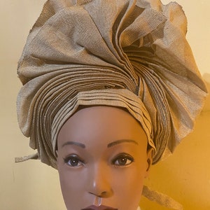 Rose Gold Aso Oke Autogele: Nigerian Pre-tied Headwrap