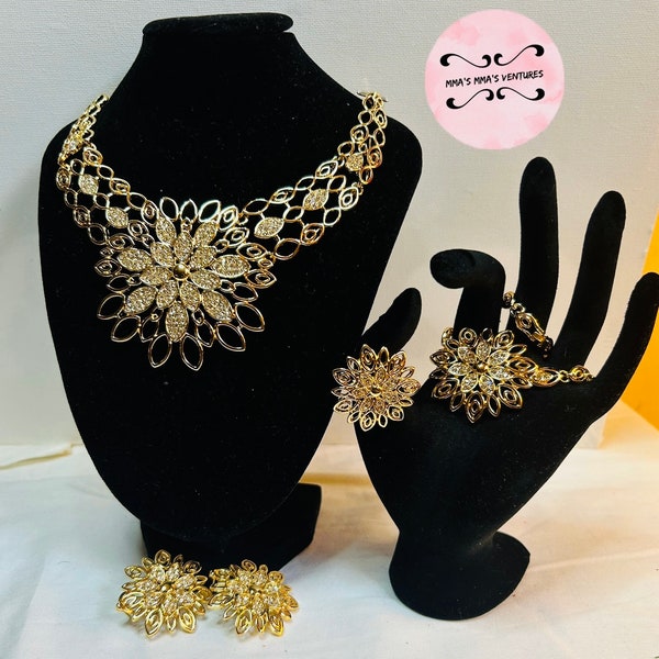 Nigeria bridal wedding gold-plated jewelry set. Necklace, earrings, bracelets adjustable ring. Women gold color jewelry set, costume jewelry