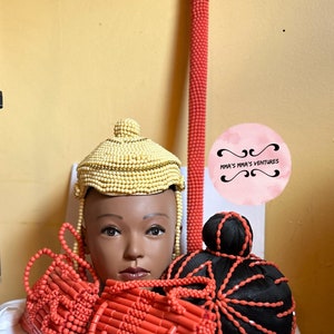 Coral Beaded Okuku Benin Wig Headpiece: Kids Accessories Set