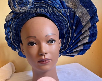 Royal Blue Aso Oke Autogele: Nigerian Pre-tied Headwrap