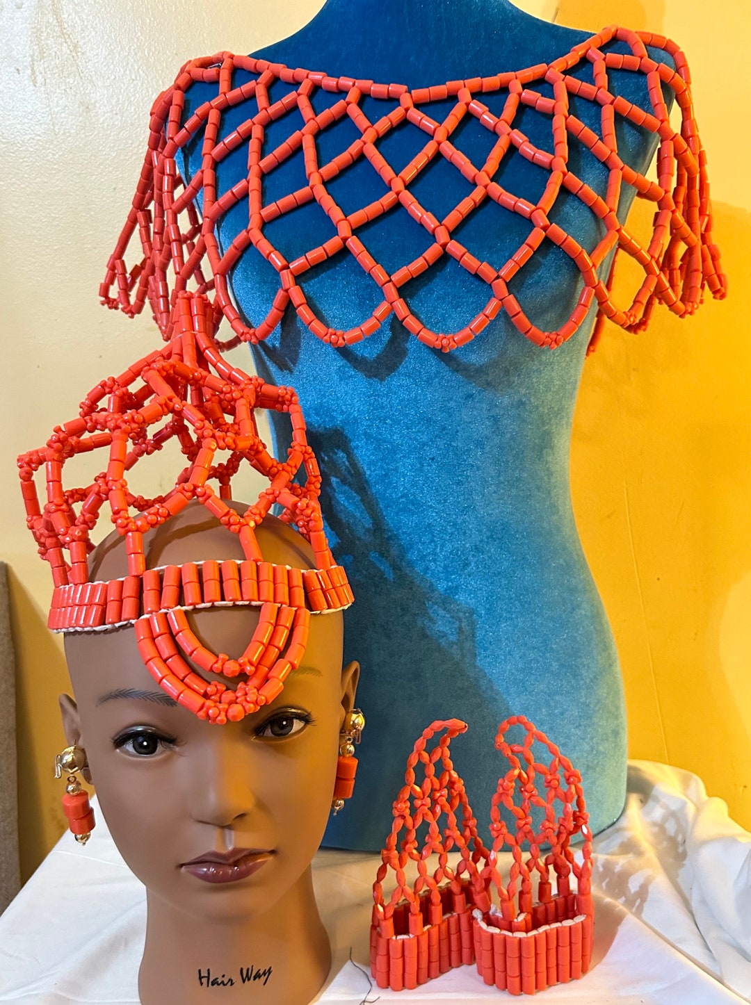 Coral Bead Head Crowntiara/shoulder Cape Blouse/earrings/ Beaded Gloves