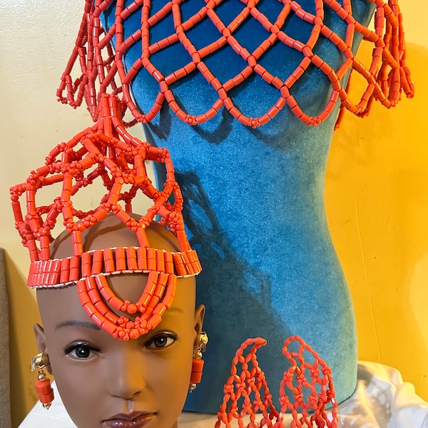 Coral bead head crown(Tiara)/shoulder cape blouse/earrings/ beaded gloves. Ileke, Edo/igbo bridal set. African Royal Bridal Olori faux beads