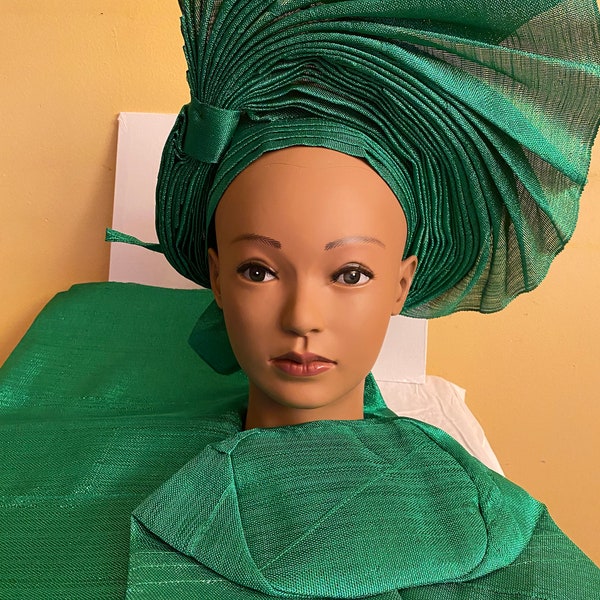 Aso Oke Nigerian Auto Gele complete couple bridal set, Nigeria wedding pre-tied auto gele,Aso oke auto gele/shoulder gear& 1 cap me