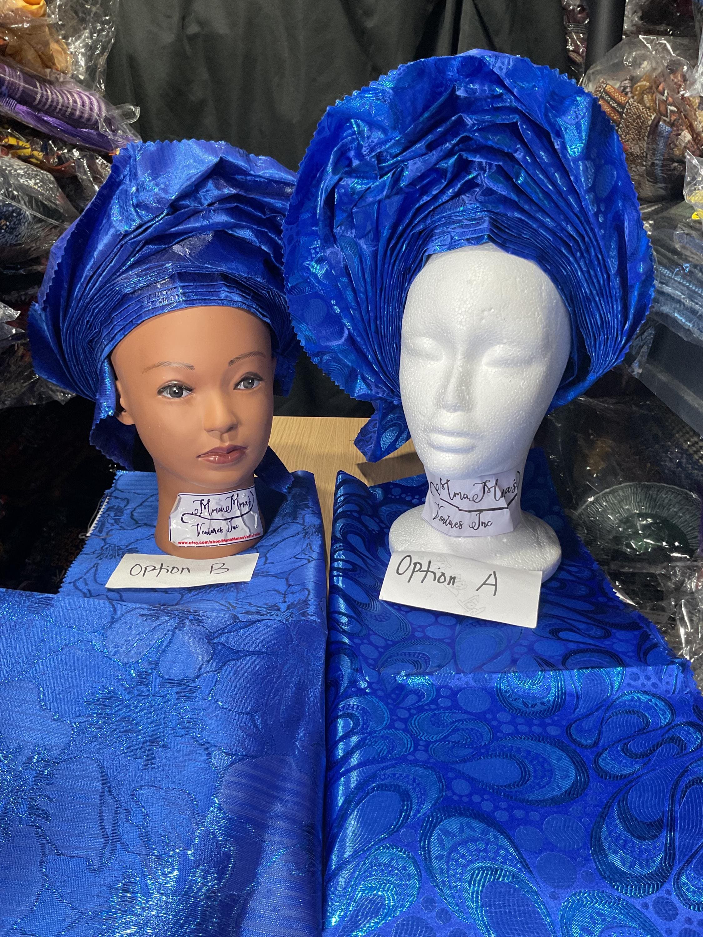 Royal Blue Auto Gele: Pre-styled Sego Headwrap With Matching  display picture 1