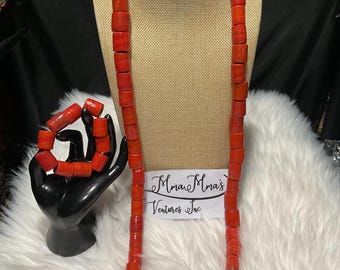 Coral Glass Bead Necklace & Bangle Set: African Wedding Jewelry
