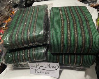 Emerald Green Black Gold Stripe Aso Oke Fabric Bundle, Nigerian Woven Strips